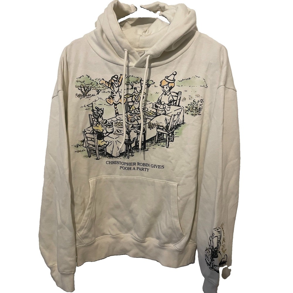 DISNEY Winnie the Pooh Women's Size M Ivory Christopher Robin Gives Party Hoodie